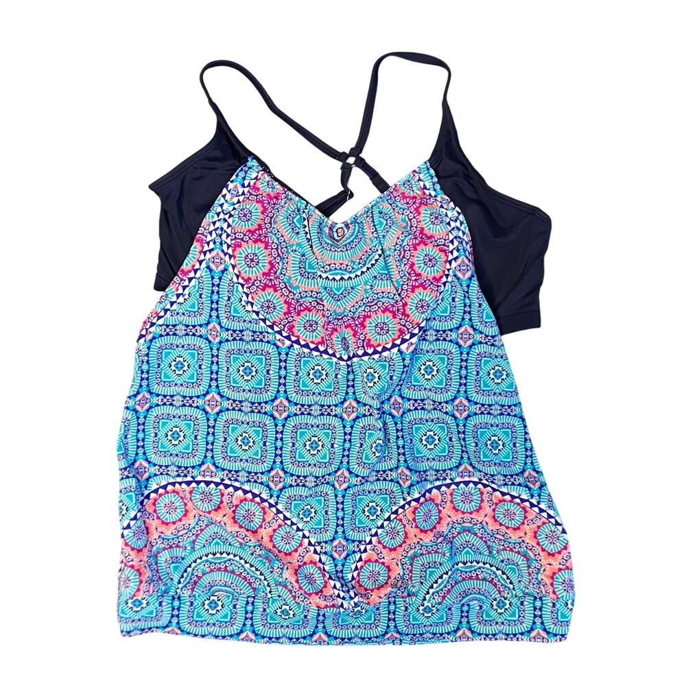 Athleta Fiji Blousy Tankini Swim Top Blue Pink Geo Print  Sz 38 D/DD